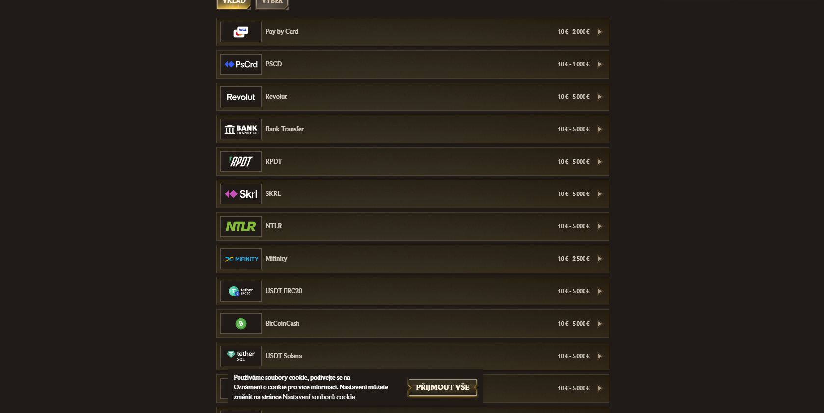 Realz nabízí mnoho různých platebních systémů, včetně Revolutu